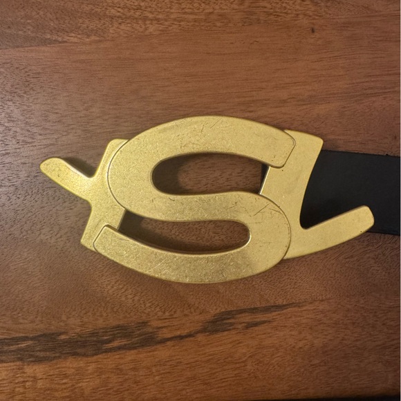 YSL Yves Saint Laurent Belt Brass Logo Black Leather - Picture 7 of 13